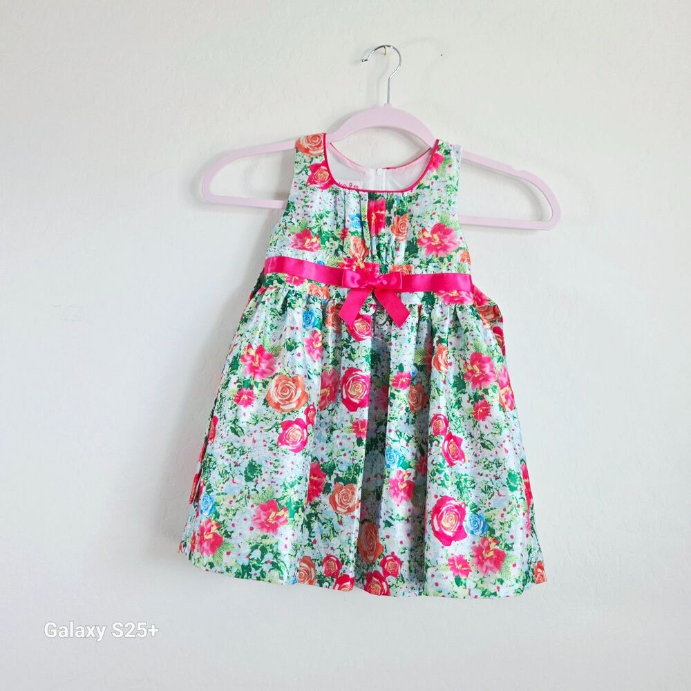 Jessica Ann Toddler Girls Floral Dress Pink Bow Easter Spring Size 3T